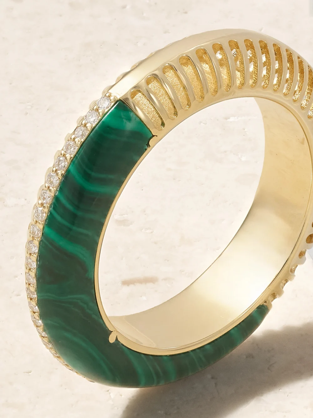 Close-up detail of the L'Atelier Nawbar Bombay Ray 18-karat Gold, Malachite and Diamond Ring