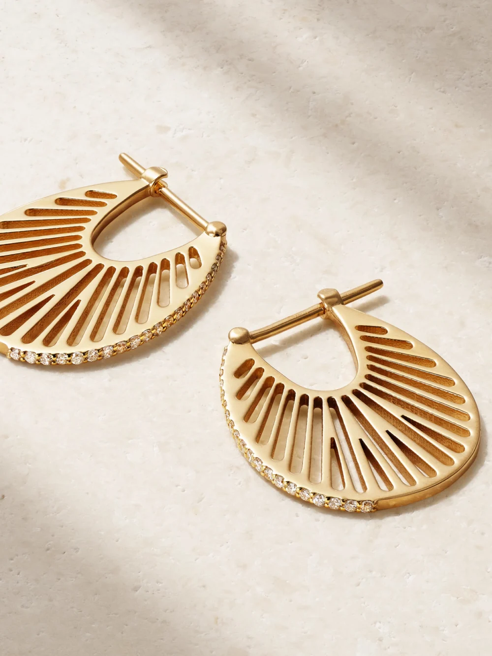 Close-up detail of the L'Atelier Nawbar Flat Ray Large 18-karat Gold Diamond Hoop Earrings