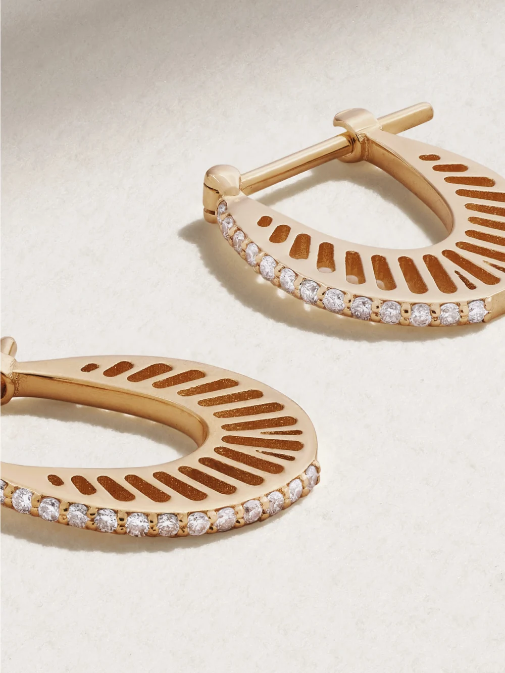 Close-up detail of the L'Atelier Nawbar Flat Ray Small 18-karat Gold Diamond Hoop Earrings