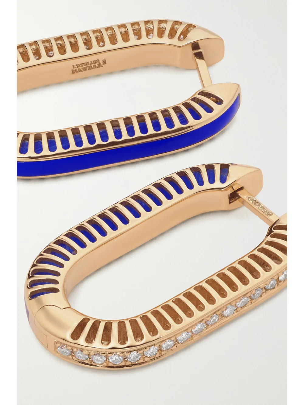 Close-up detail of the L'Atelier Nawbar Lock Ray Large 18-karat Gold, Lapis Lazuli and Diamond Earrings