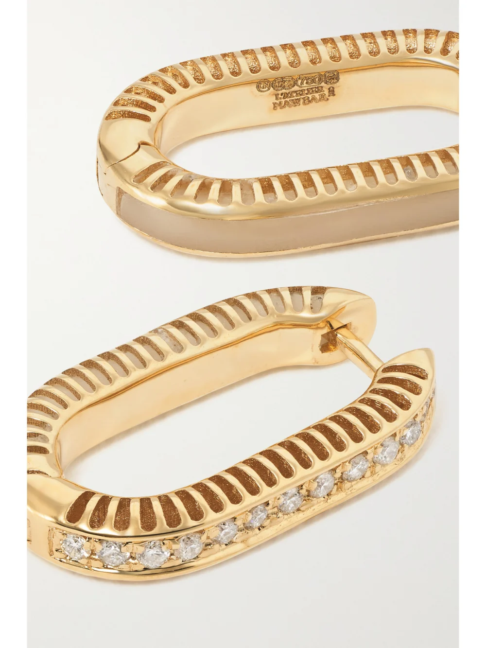 Close-up detail of the L'Atelier Nawbar Lock Ray Small 18-karat Gold, Mother-of-pearl and Diamond Earrings