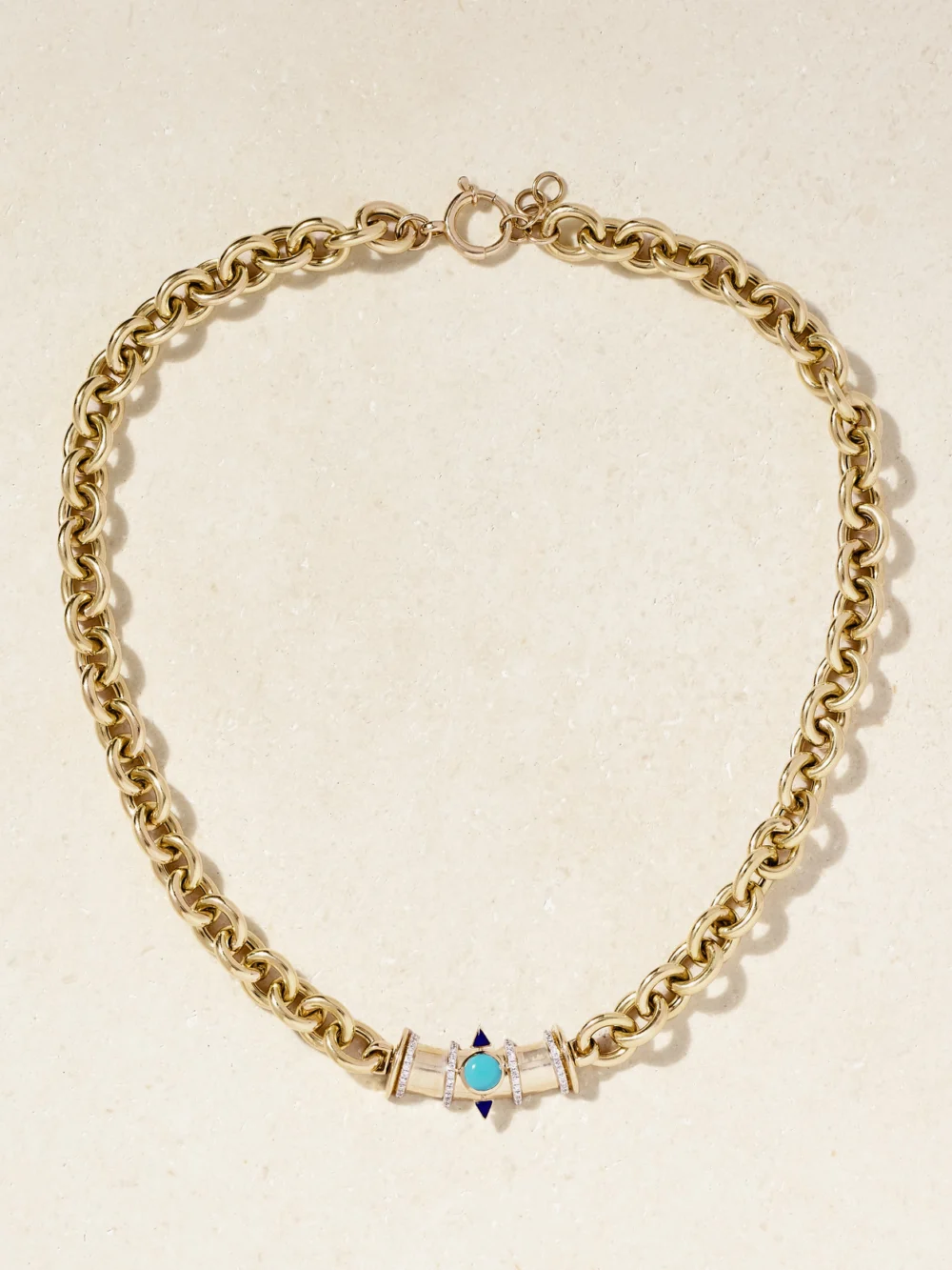 Close-up detail of the L'Atelier Nawbar Tuxedo Mask 18-karat Gold Multi-stone Necklace