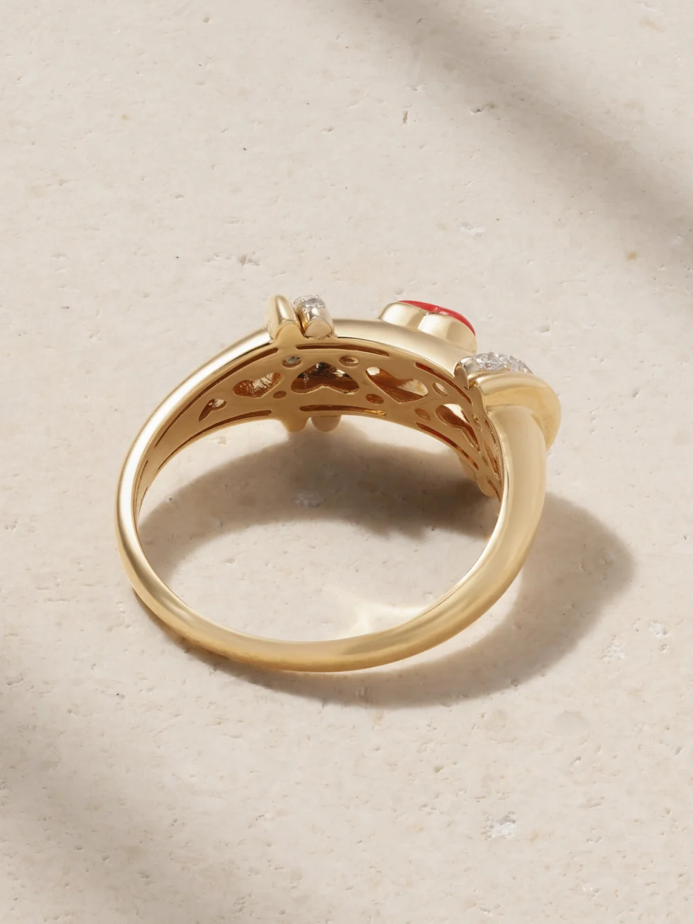 Back view of the L'Atelier Nawbar Warrior Venus 18-karat Gold, Rhodium-plated, Coral and Diamond Ring