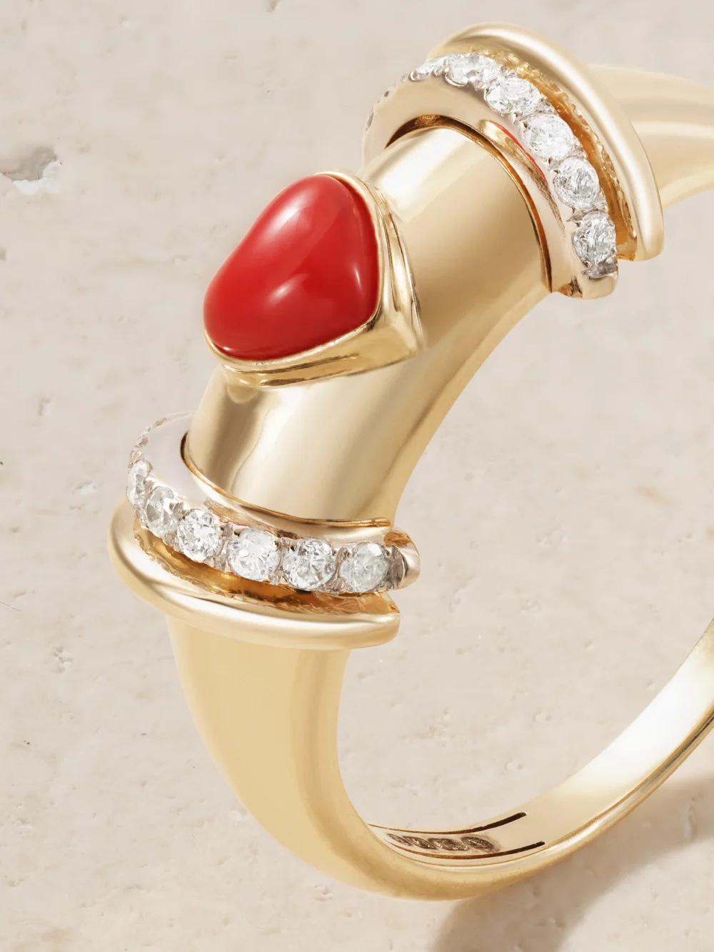 Close-up detail of the L'Atelier Nawbar Warrior Venus 18-karat Gold, Rhodium-plated, Coral and Diamond Ring