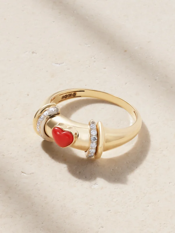 L'Atelier Nawbar Warrior Venus 18-karat Gold, Rhodium-plated, Coral and Diamond Ring