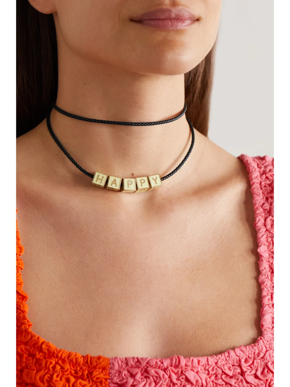 Lauren Rubinski 14-karat Gold, Enamel and Leather Necklace, styled view