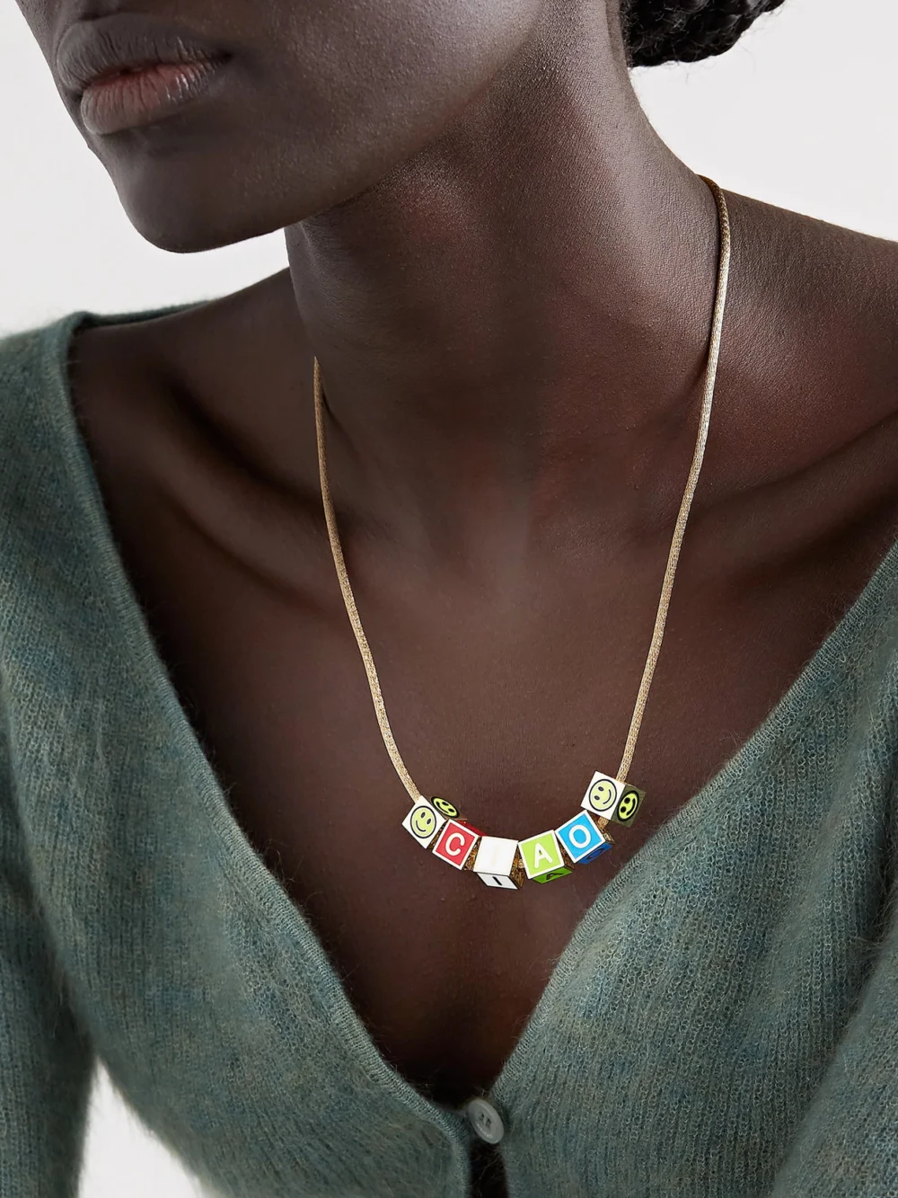 Lauren Rubinski Ciao 14-karat Gold and Enamel Necklace, styled view