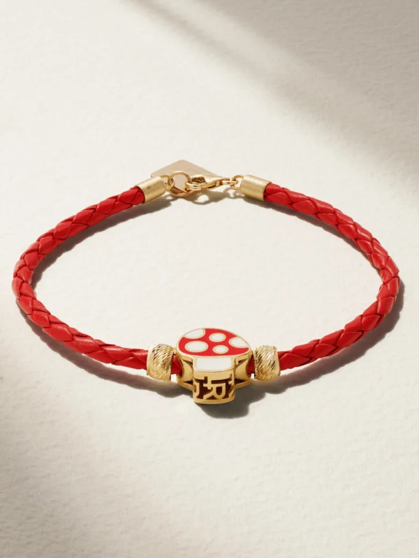 Lauren Rubinski Mushroom 14-karat Gold, Enamel and Leather Bracelet