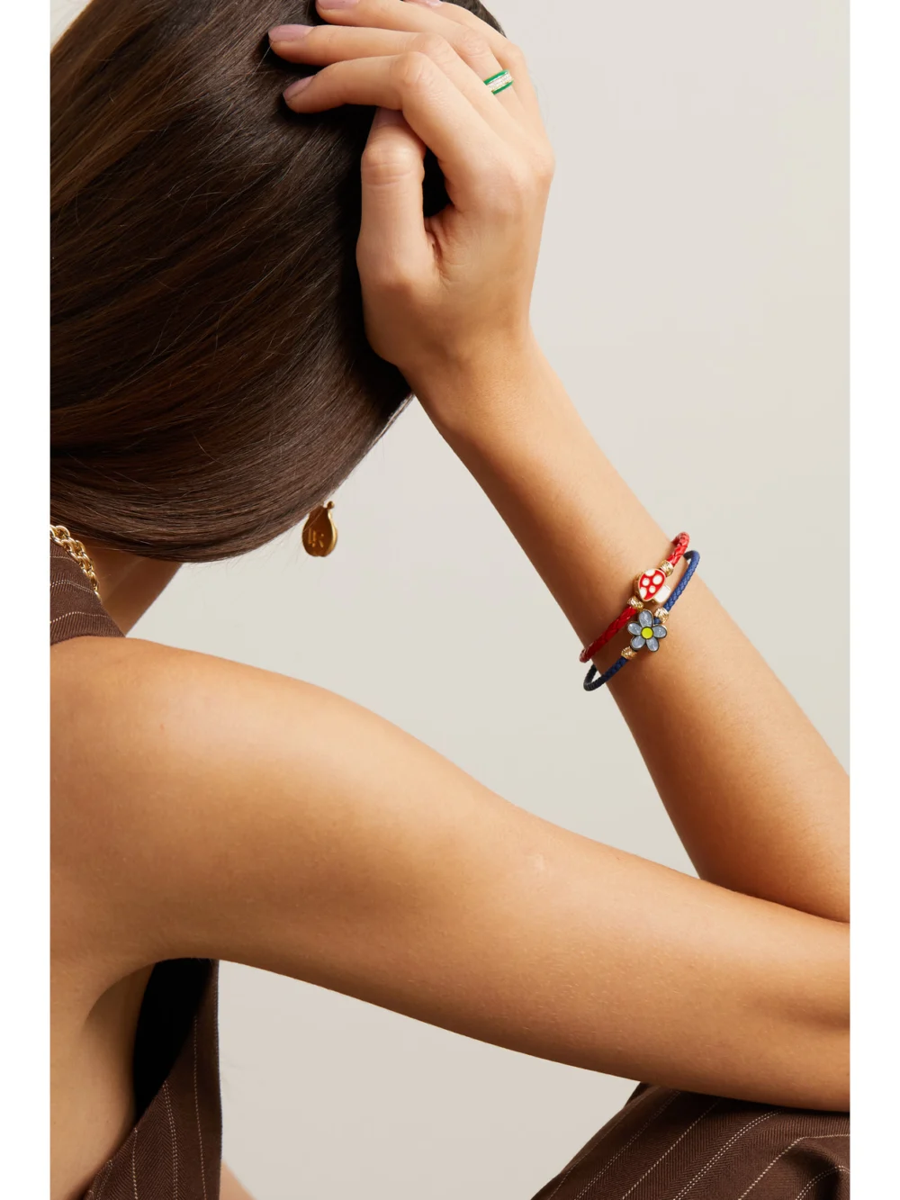 Lauren Rubinski Mushroom 14-karat Gold, Enamel and Leather Bracelet, styled view
