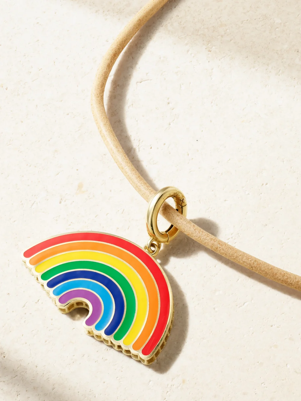 Close-up detail of the Lauren Rubinski Rainbow 14-karat Gold, Enamel and Leather Necklace