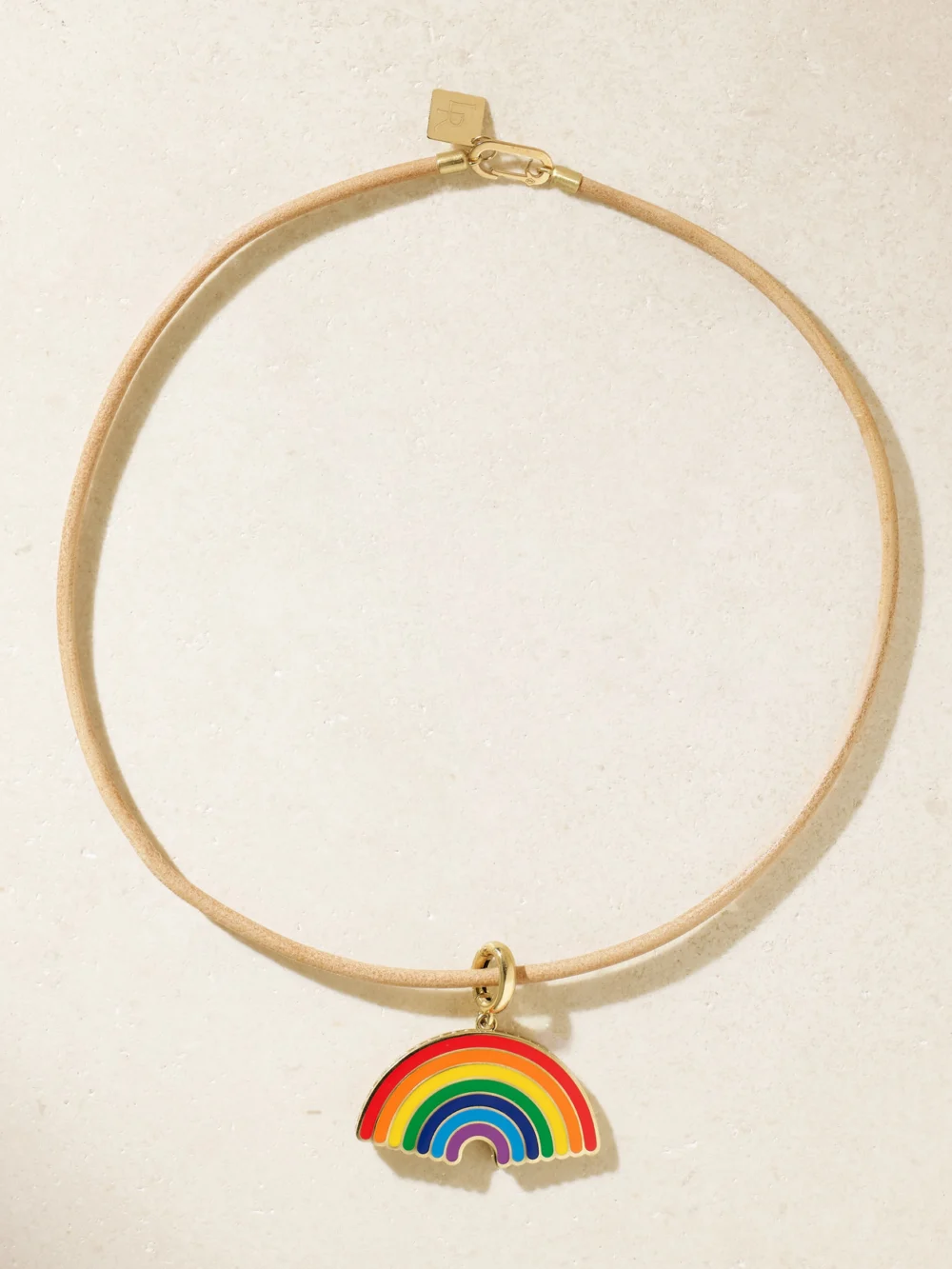 Lauren Rubinski Rainbow 14-karat Gold, Enamel and Leather Necklace in beige