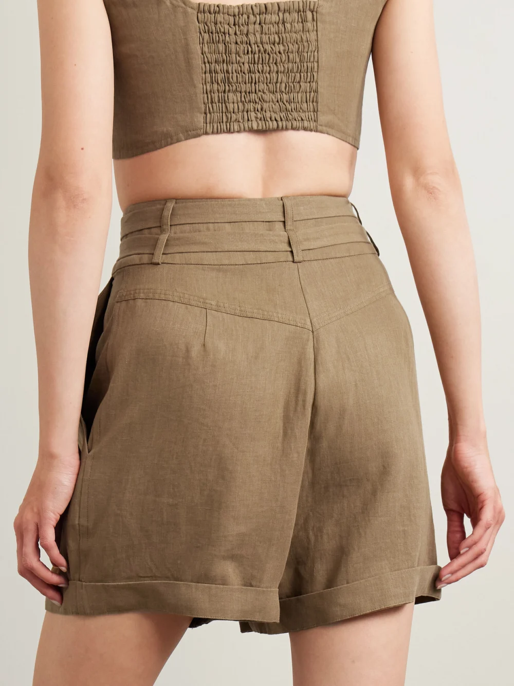 Back view of the Le Kasha Aqiva Belted Pleated Linen Shorts