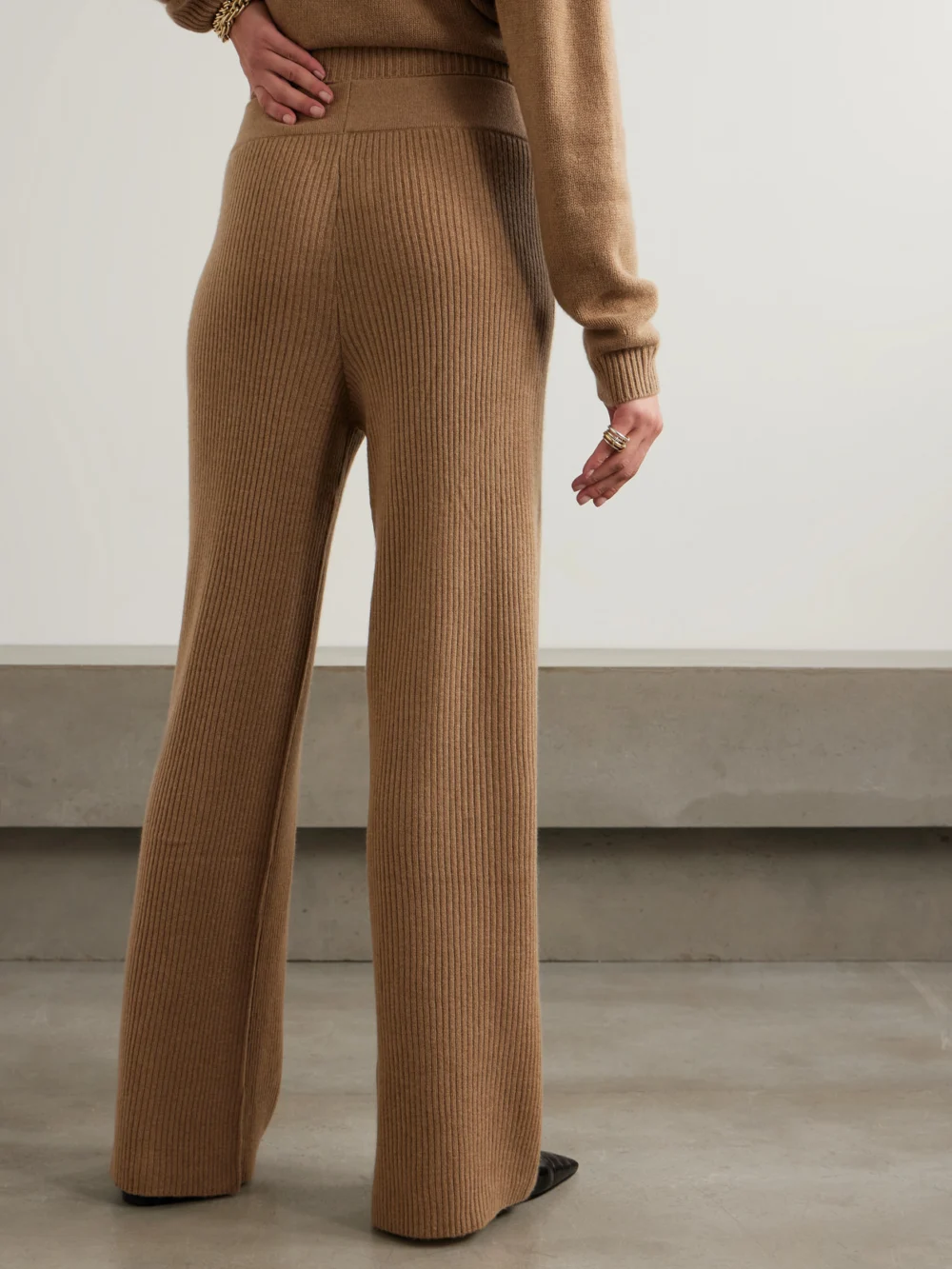 Back view of the Le Kasha Banvir Ribbed Organic Cashmere Wide-leg Pants