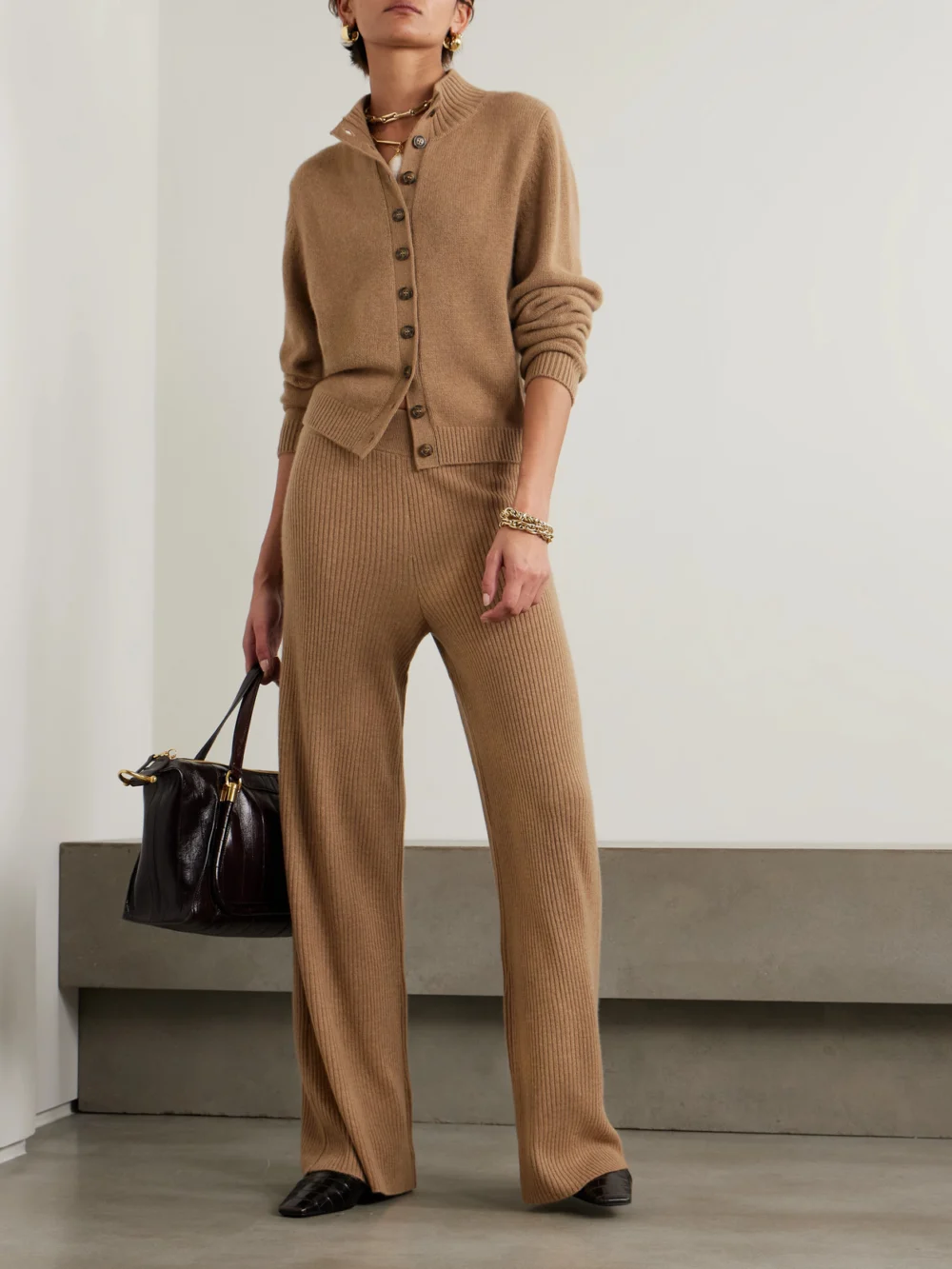 Le Kasha Banvir Ribbed Organic Cashmere Wide-leg Pants, worn by a model