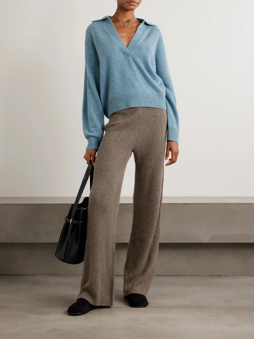 Le Kasha Banvir Ribbed Organic Cashmere Wide-leg Pants, worn by a model