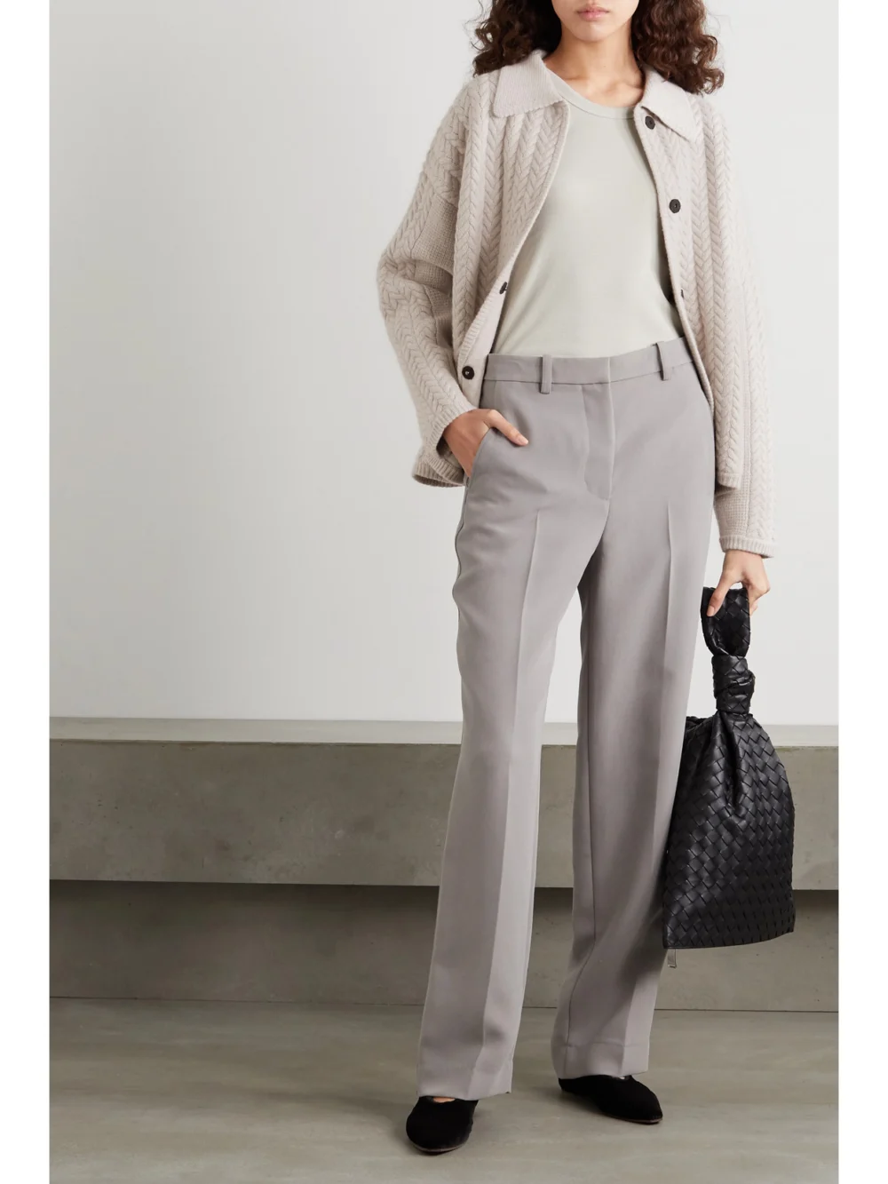 Le Kasha Bilbao Cable-knit Cashmere Cardigan, worn by a model