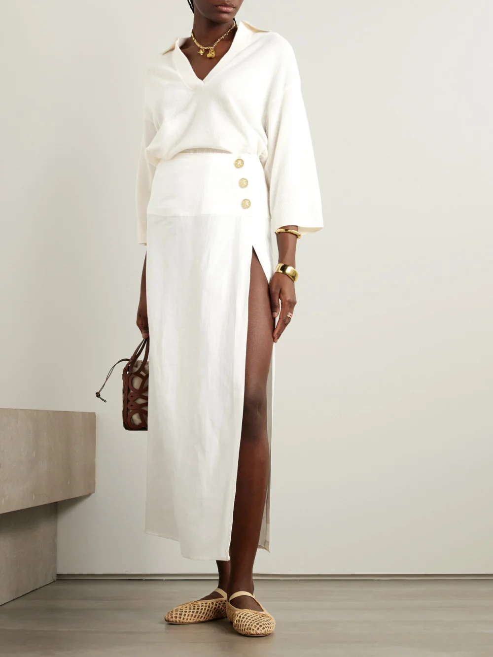 Le Kasha Haifal Linen Midi Skirt, worn by a model