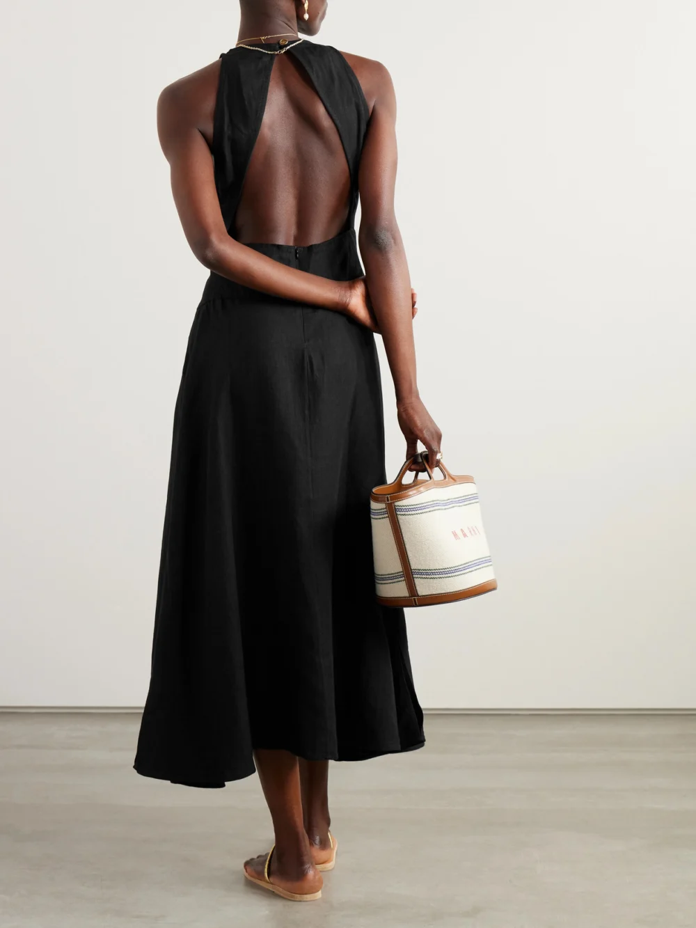 Back view of the Le Kasha Jesmah Open-back Linen Halterneck Midi Dress