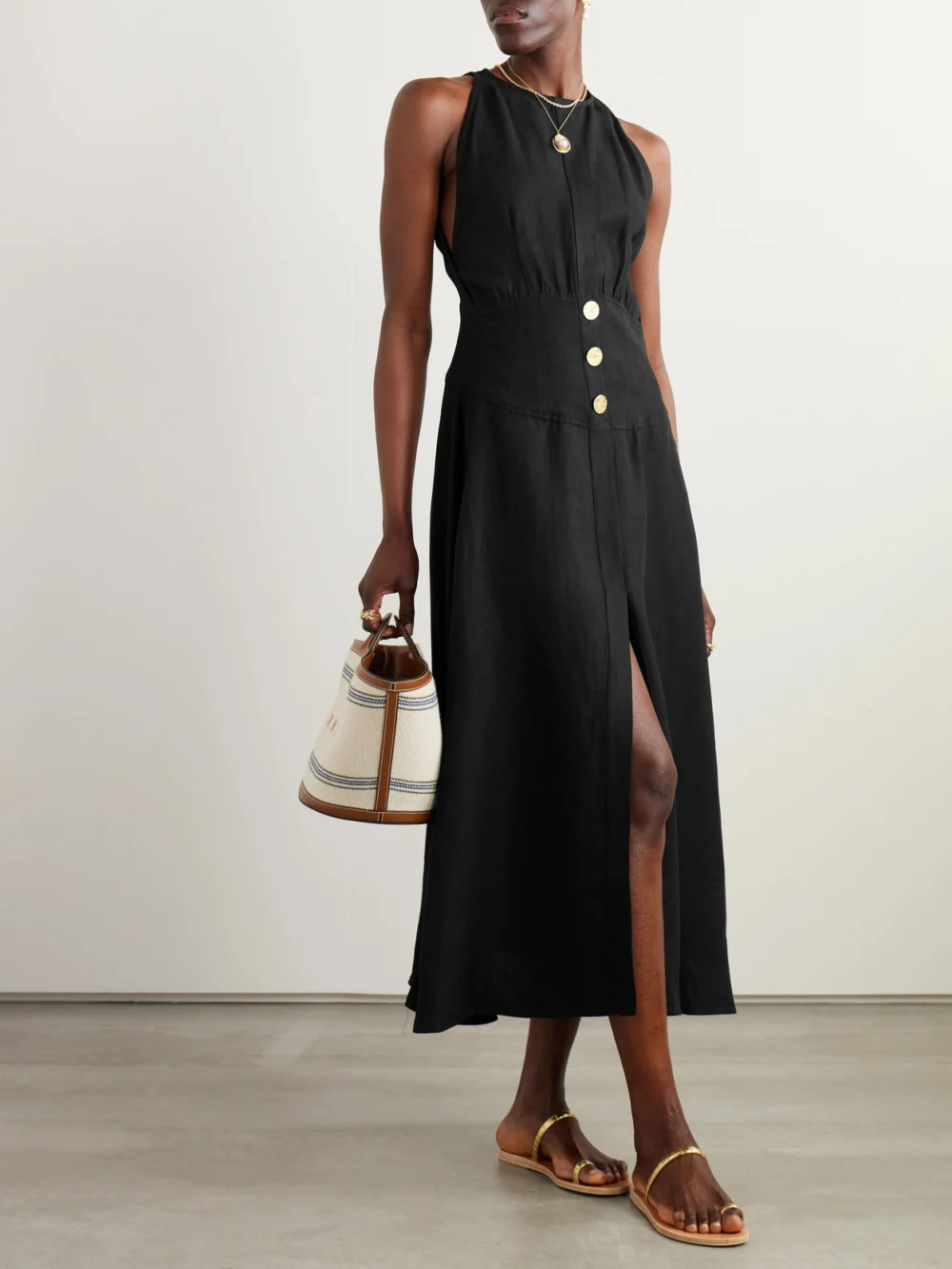 Le Kasha Jesmah Open-back Linen Halterneck Midi Dress, worn by a model