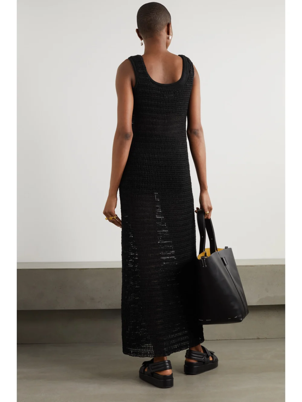 Back view of the Le Kasha Shali Crocheted Organic Linen Maxi Dress