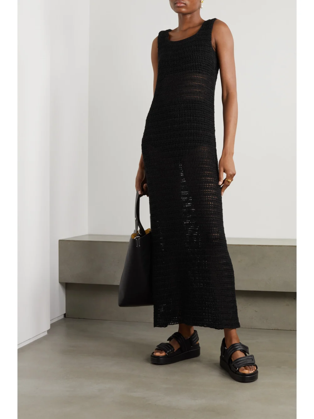 Le Kasha Shali Crocheted Organic Linen Maxi Dress, worn by a model