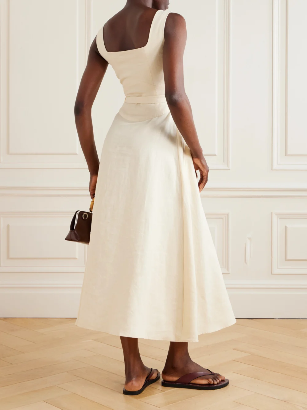 Back view of the Le Kasha Subu Belted Linen Midi Dress