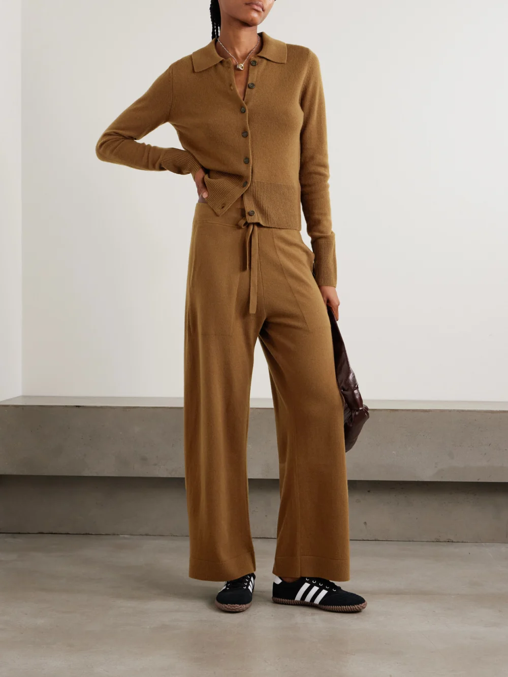 Le Kasha Suria Organic Cashmere Wide-leg Pants, worn by a model