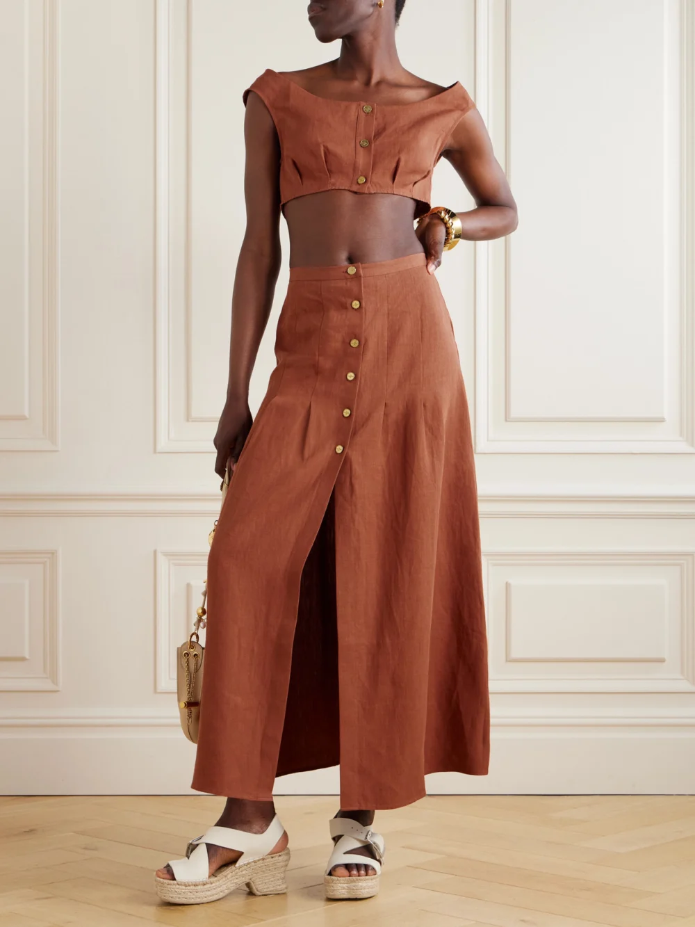 Le Kasha Tamra Cropped Organic Linen-gauze Top, worn by a model