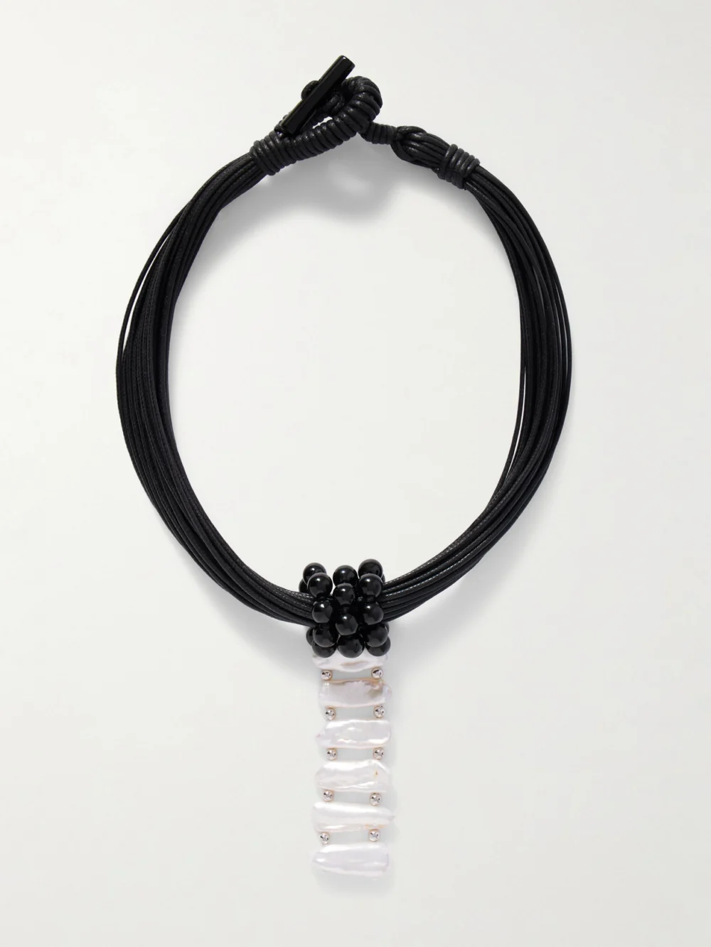 Le Sundial Cord, Onyx, Pearl and Silver Necklace in black