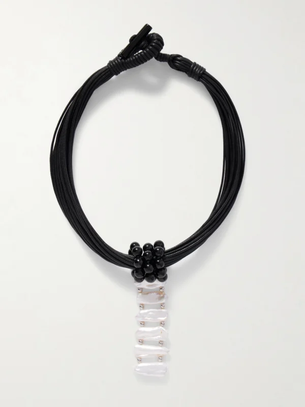 Le Sundial Cord, Onyx, Pearl and Silver Necklace