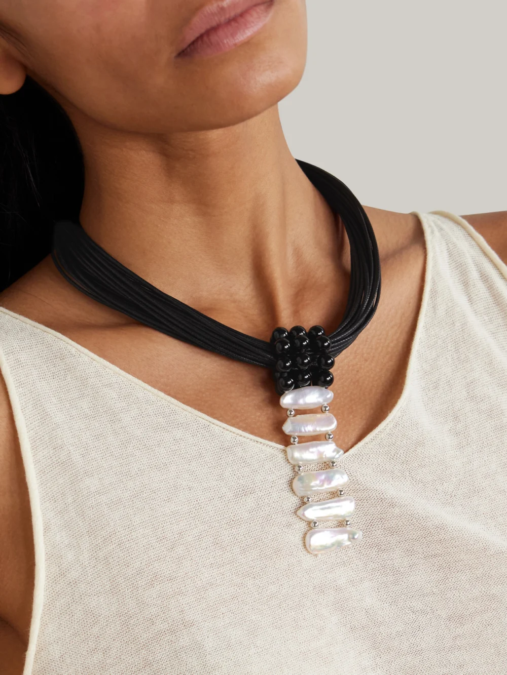 Le Sundial Cord, Onyx, Pearl and Silver Necklace, styled view