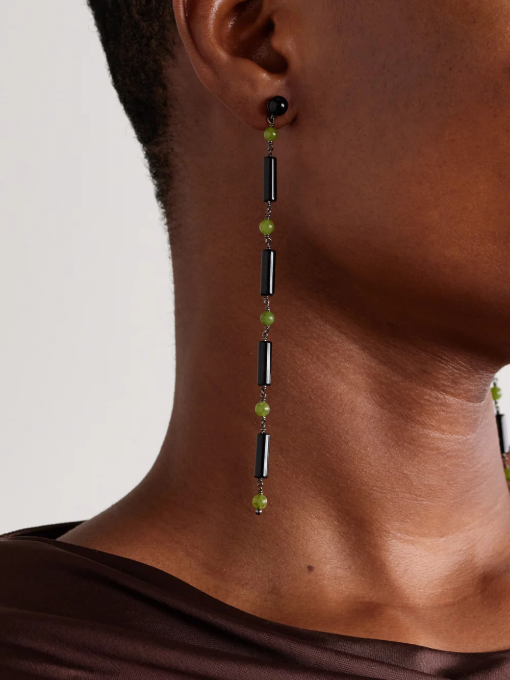 Le Sundial Jackie Rhodium-plated Jade and Onyx Earrings, styled view