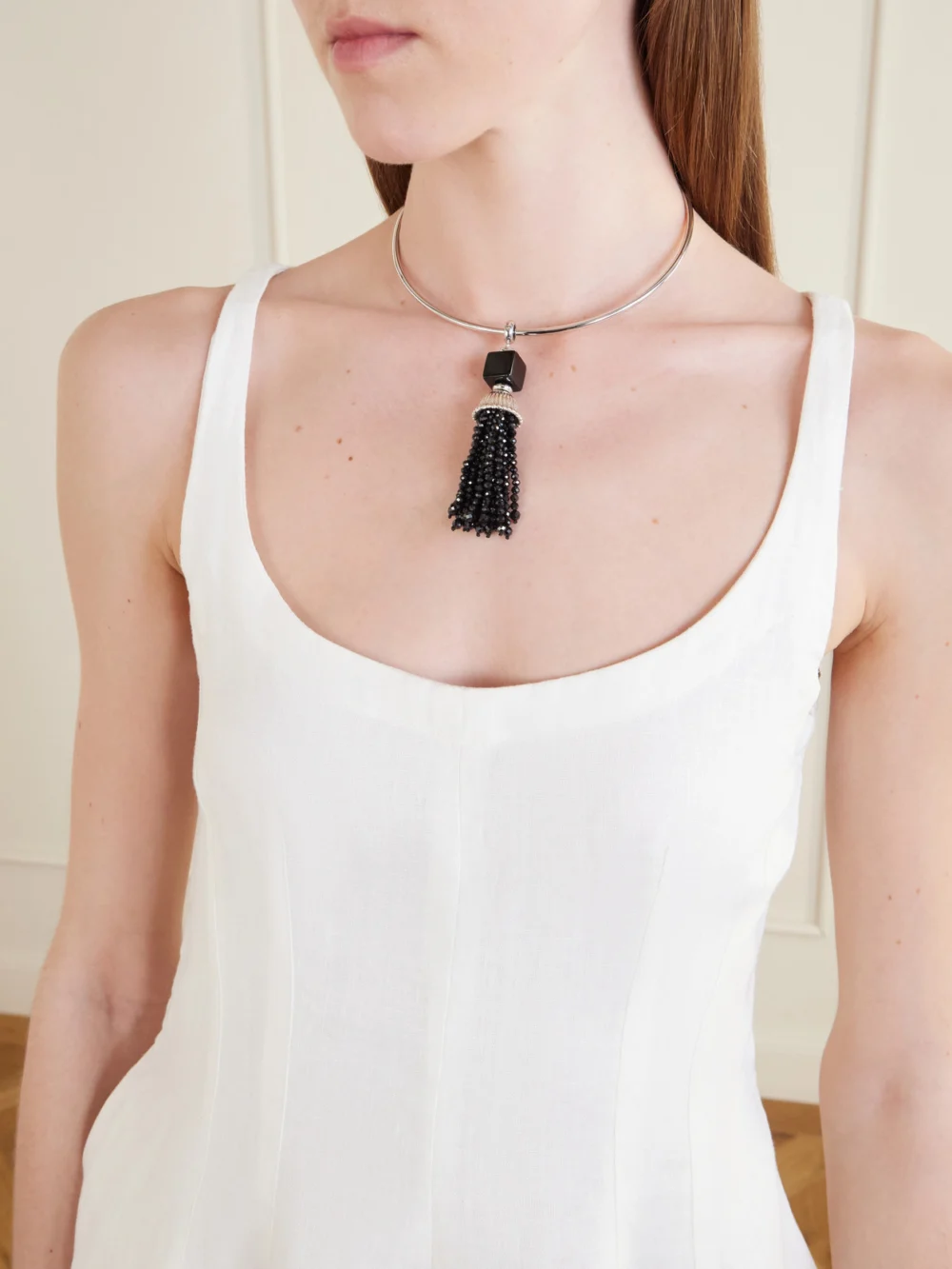 Le Sundial Nocturne Silver, Spinel and Onyx Choker, styled view
