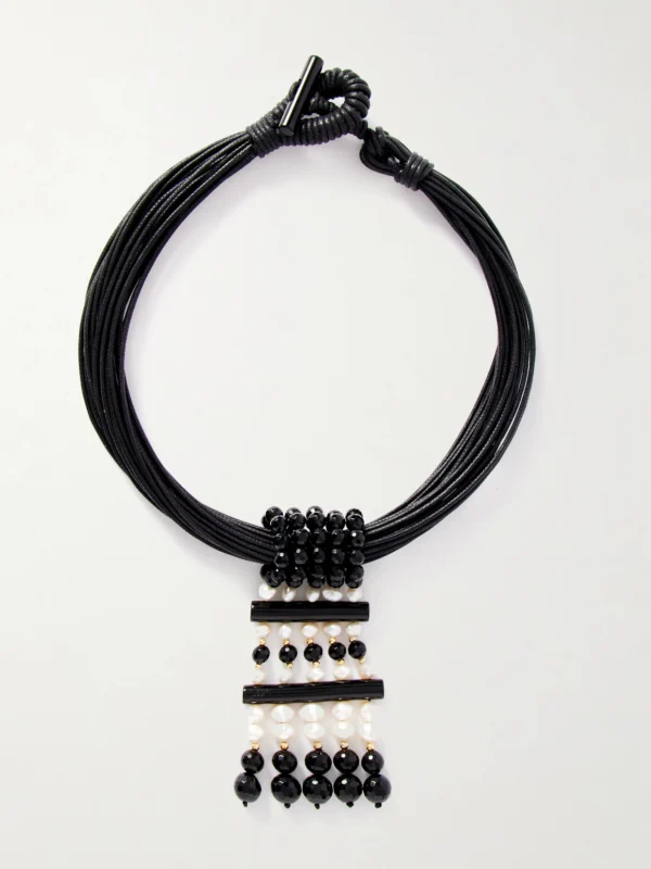 Le Sundial Sculptural Pearl, Onyx and 18-karat Gold Cord Necklace