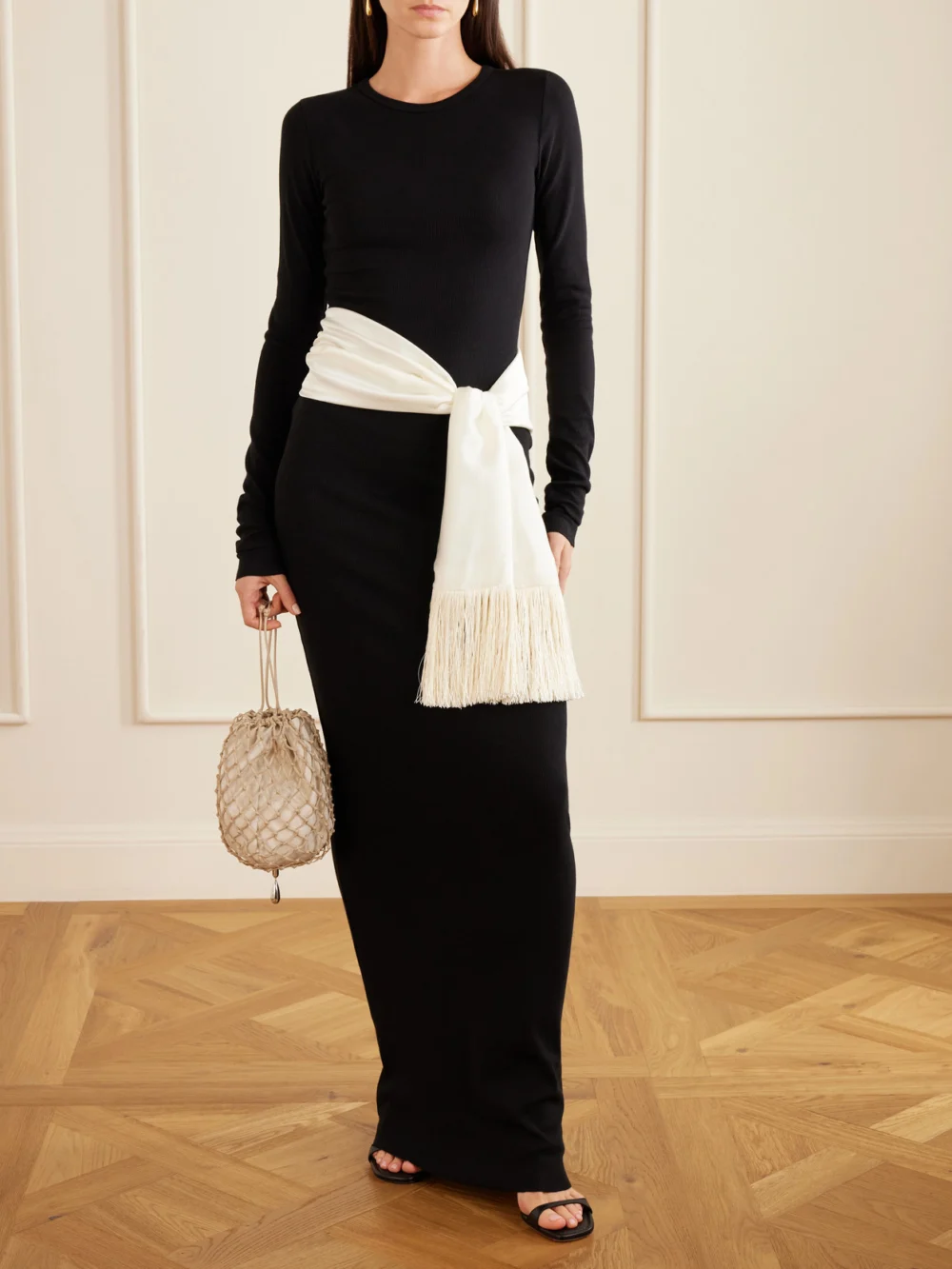 Le Sundial The Opera Fringed Silk Scarf, styled view
