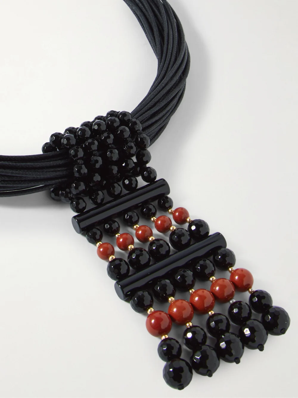Close-up detail of the Le Sundial The Sculptural Waxed-cotton, Onyx and Jasper Necklace