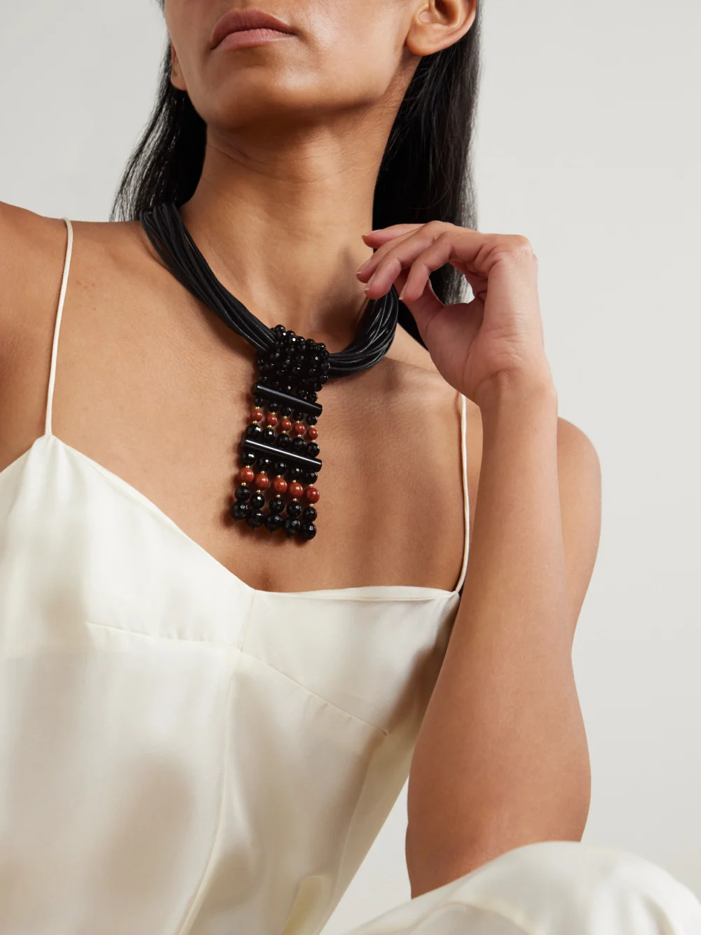 Le Sundial The Sculptural Waxed-cotton, Onyx and Jasper Necklace, styled view