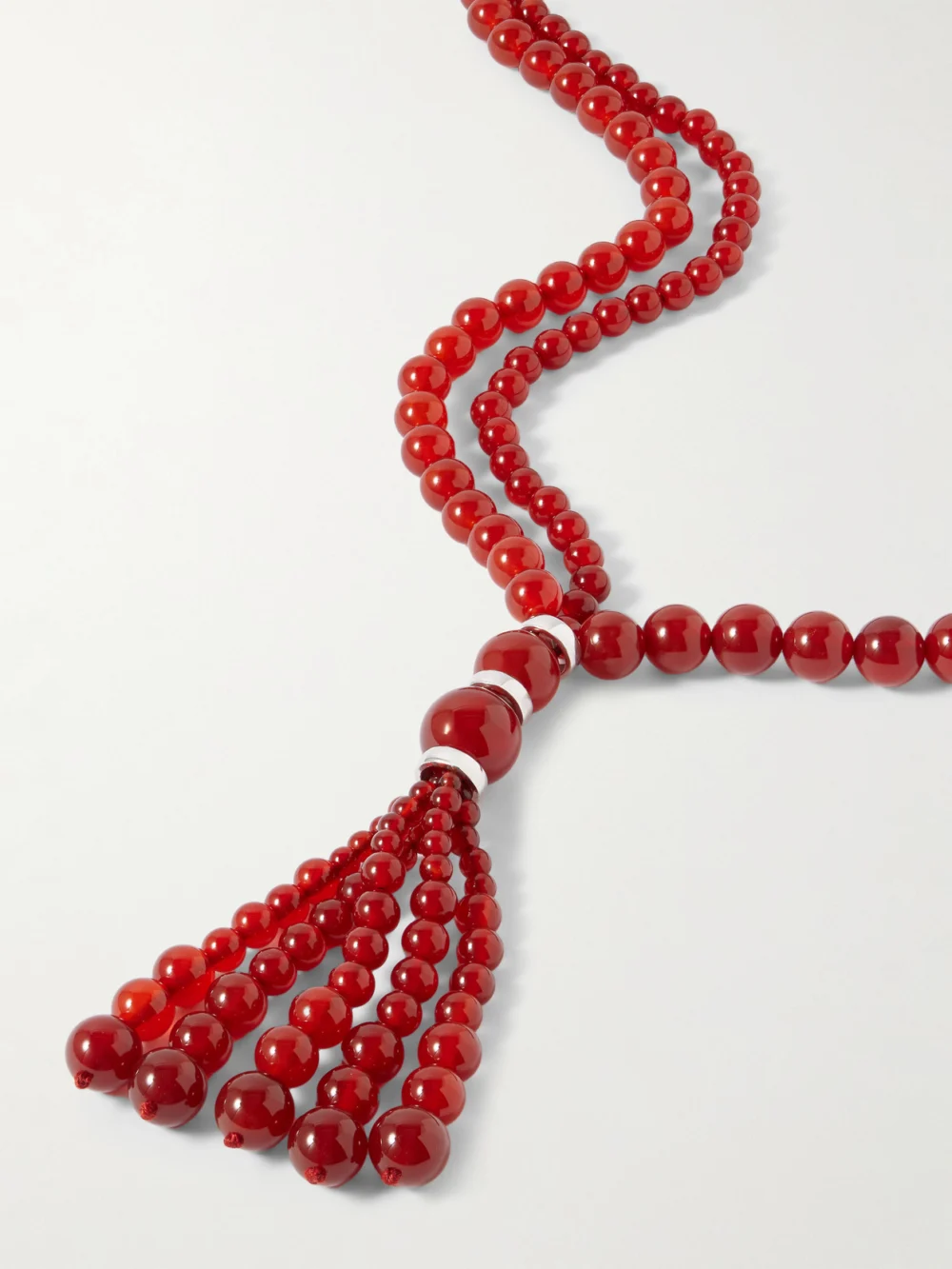 Close-up detail of the Le Sundial Venice Opera Tasseled Carnelian and Silver Necklace