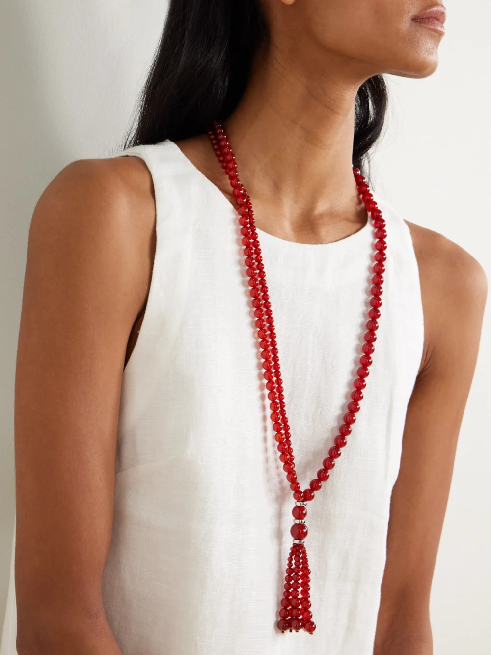 Le Sundial Venice Opera Tasseled Carnelian and Silver Necklace, styled view