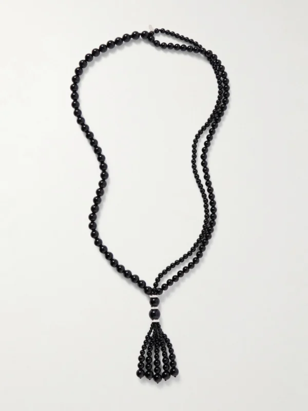Le Sundial Venice Opera Tasseled Onyx and Silver Necklace