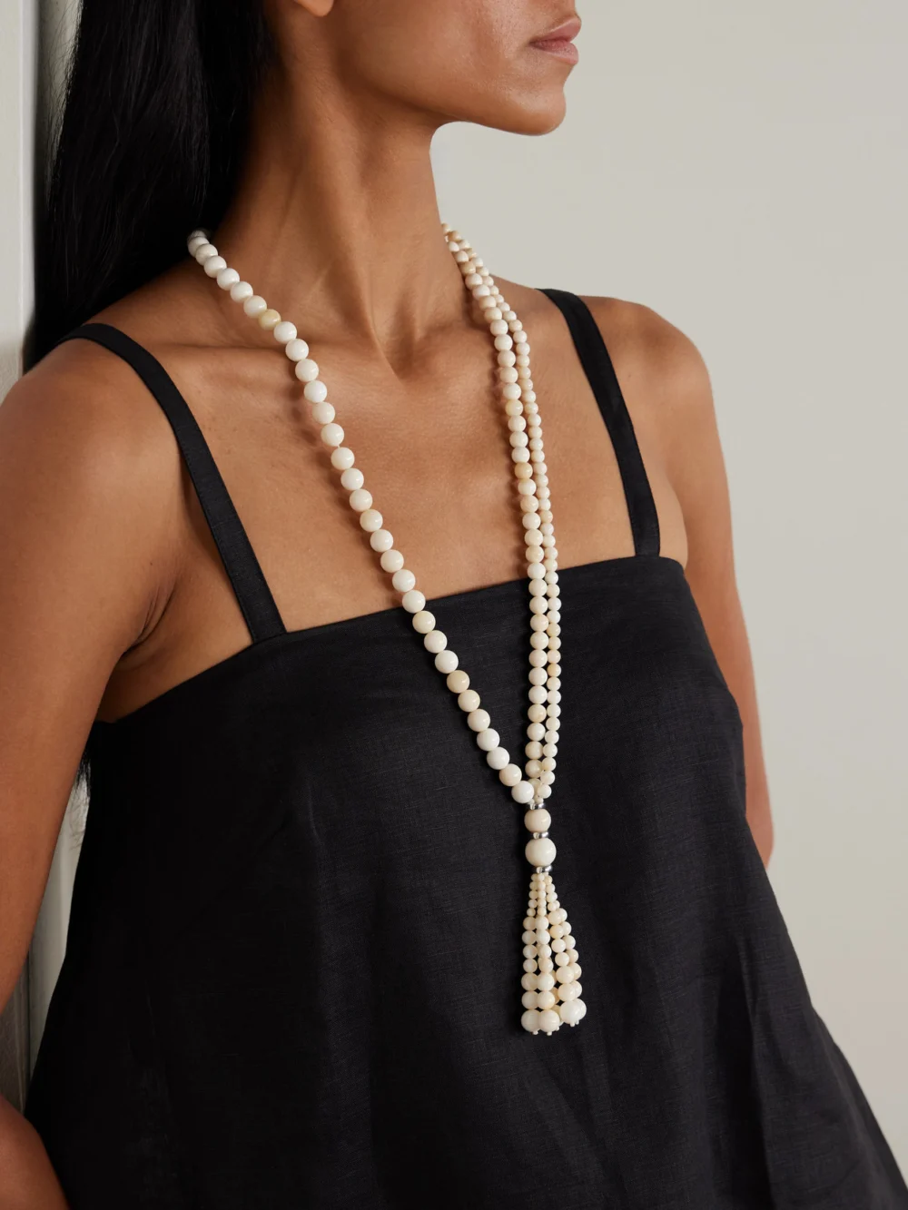 Le Sundial Venice Opera Tasseled Silver Stone Necklace, styled view