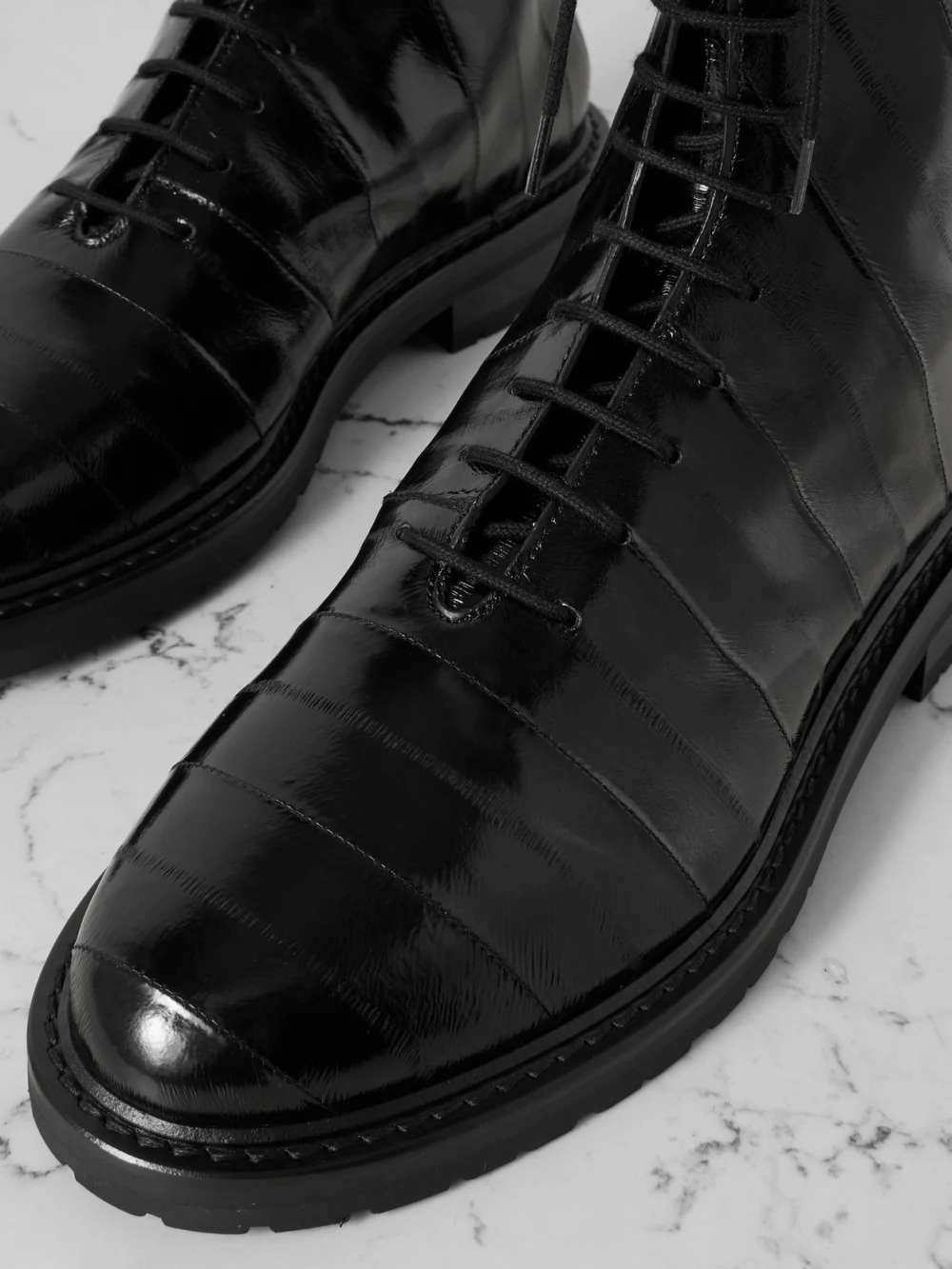 Close-up detail of the Legres 05 Paneled Eel Ankle Boots