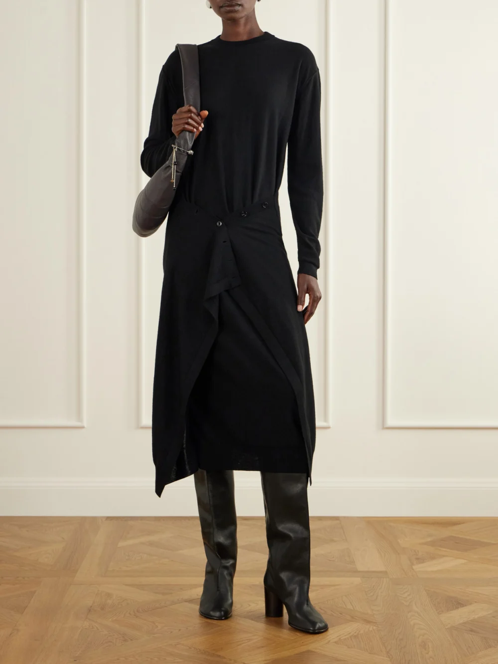 Lemaire Crease Leather Knee Boots, styled view