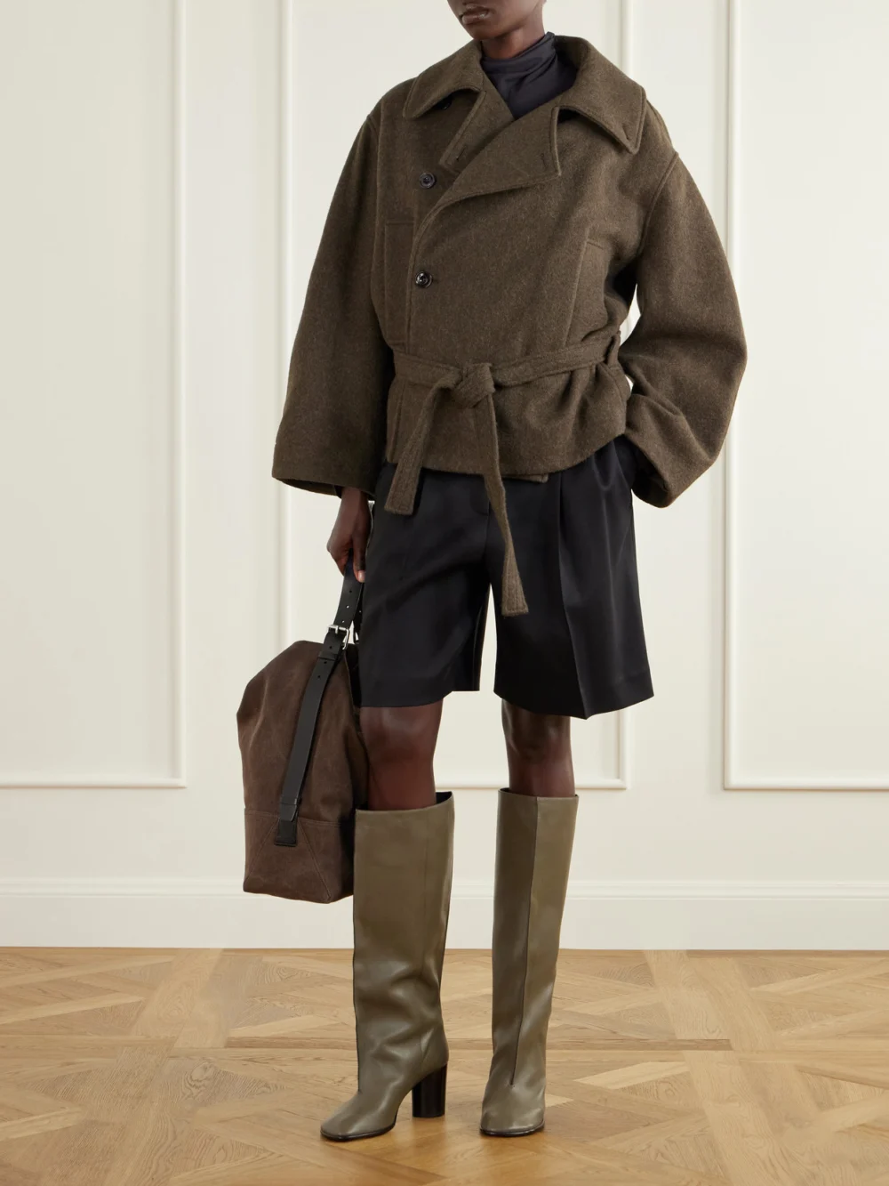 Lemaire Crease Leather Knee Boots, styled view