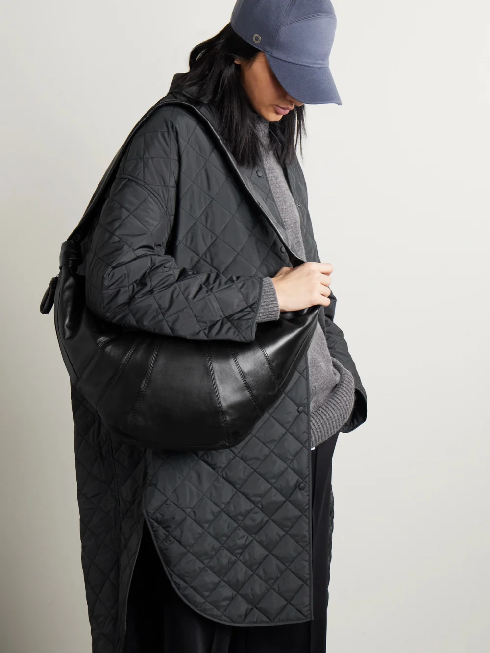 Lemaire Croissant Large Paneled Leather Shoulder Bag, styled view
