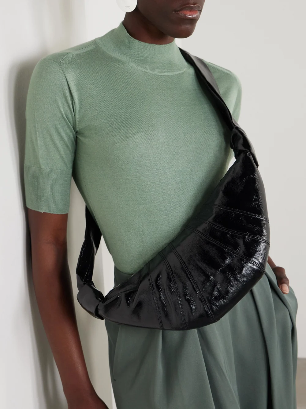 Lemaire Croissant Small Paneled Coated-canvas Shoulder Bag, styled view