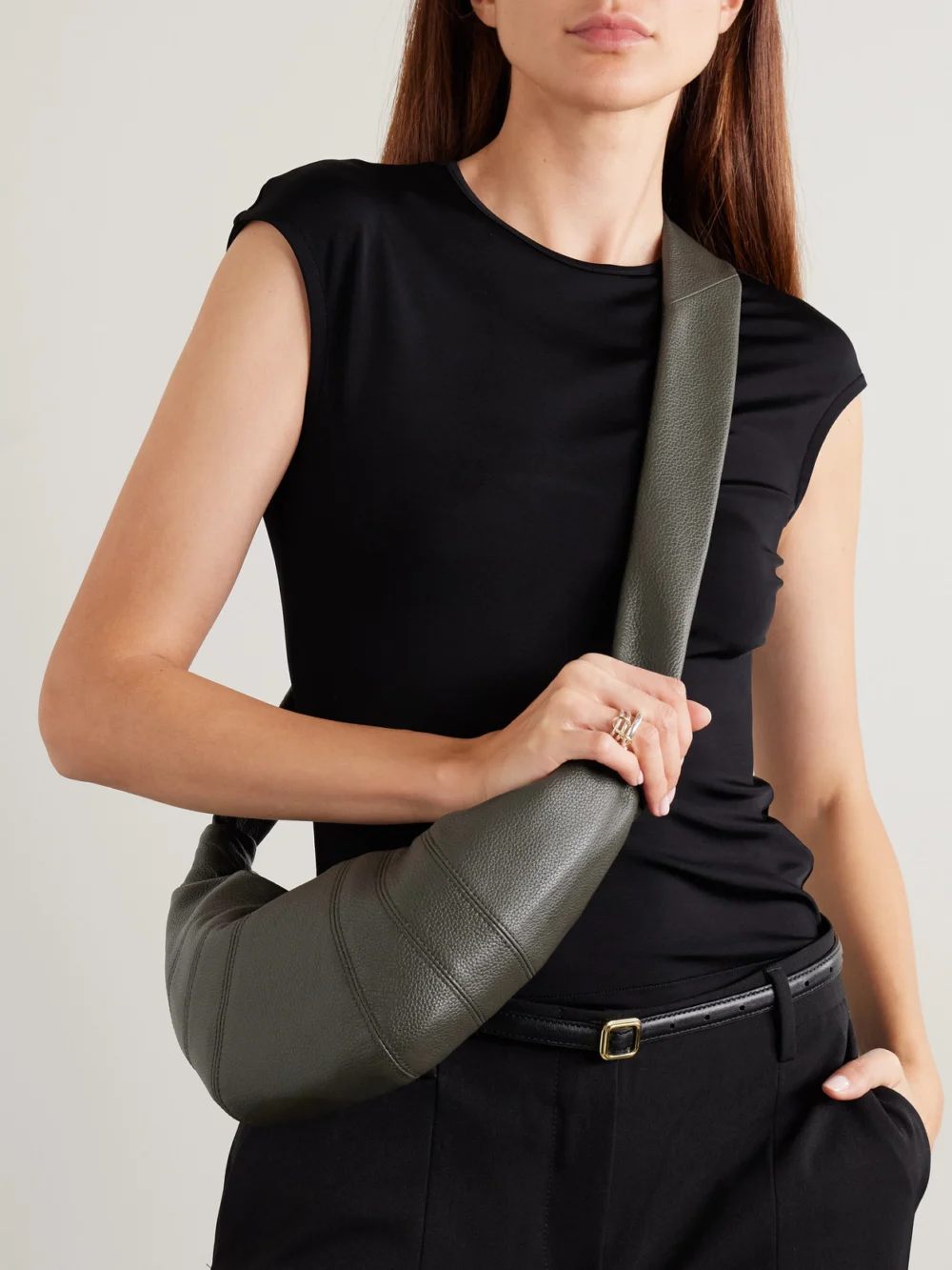 Lemaire Croissant Small Paneled Textured-leather Shoulder Bag, styled view