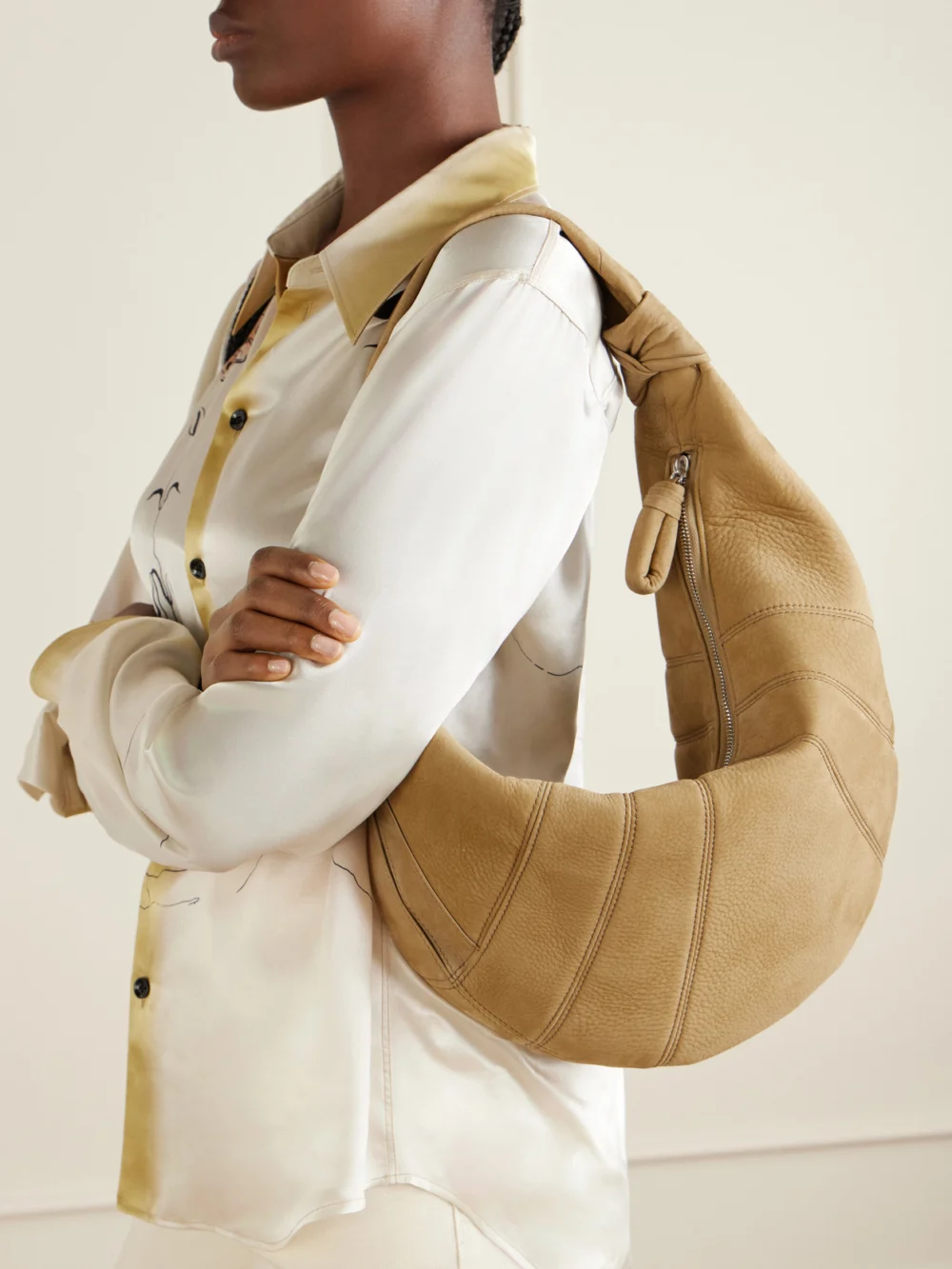 Lemaire Fortune Croissant Paneled Nubuck Shoulder Bag, styled view
