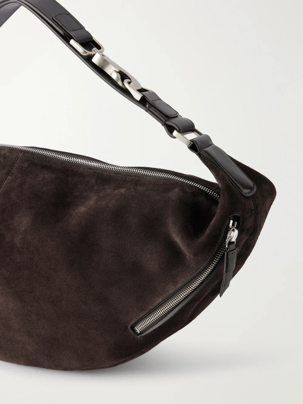 Close-up detail of the Lemaire Quiver Clip Mini Leather-trimmed Suede Shoulder Bag