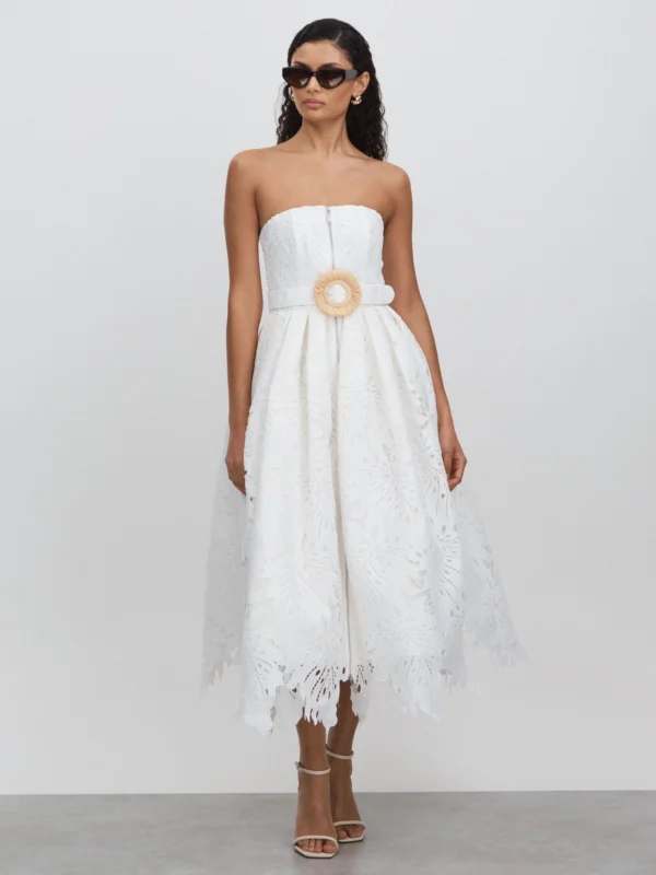 Leo Lin Leo Lin Women's White Lace Detail Belted Midi Dress
